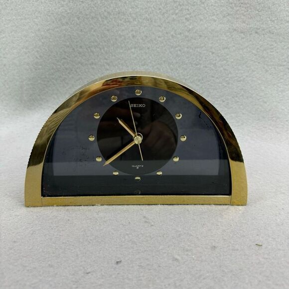 Seiko Quartz Half Moon Gold Tone Black Dial Mantle Clock - Picture 1 of 11